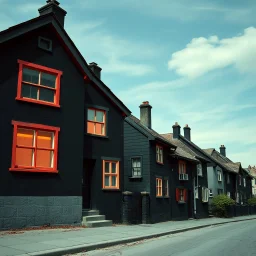 Fotografia di strada random assurda e falsa orripilante weirdcore dai colori vivaci. Noe. Non luogo falso, inusuale. Max Ernst. Le case sono false e dipinte di nero chiaro con cose stilizzate e dettagli. Ci sono finestrelle false quadrate, che danno un senso distopico e molto surreale, disposte in modo casuale. L'atmosfera generale sembra noiosa e onirica, con un contrasto tra elementi reali ed elementi dipinti falsi, René Magritte