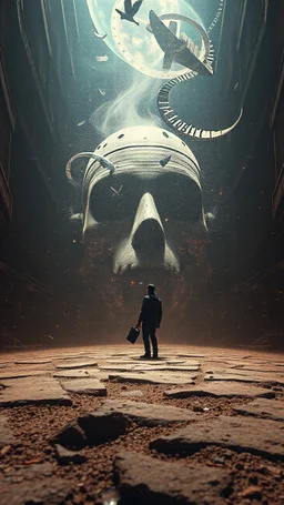 /image, randomised, depicting illusion, the Impossible, nonsense, the immaterial, intangible, and futuristic. Be wildly random in producing totally new ideas and images. Show me the deep scars inflicted on my soul and mind. Epic, cinematic.