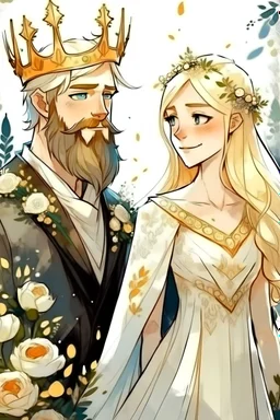 Men and blond women, couple, wedding, married, white dress, beard, summer, flowers, portrait, painting, Cartoon Princess, fairy tale, drawing, sketch, lines, ink