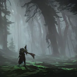 guerrière heroic fantasy dans une forêt de sapins sur un astéroide