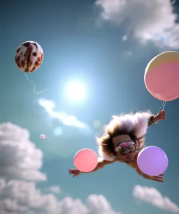 Ultra realistic speed clouds sky scene, wide angle view, sweet men falling down, Childs, feather color clothing, free jumping flying, many trinkets, hair monster, many jelly beans, balls, color smoke, smile, happy, circus style, extreme, wind, clouds sea, 20,000 feet altitude, stratosphere, soft color, highly detailed, unreal engine 5, ray tracing, RTX, lumen lighting, ultra detail, volumetric lighting, 3d, finely drawn, high definition, high resolution.