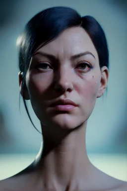 Realistic image, waist up portrait, sexy woman. Blue muppet head to woman head, concept art, smooth, unreal engine 5, god lights, ray tracing, RTX, lumen lighting, ultra detail, volumetric lighting, 3d, finely drawn, high definition, 4k.