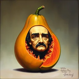 Oil Painting of a Papaya with a carving of the face of Edgar Allen Poe, surreal, profound,