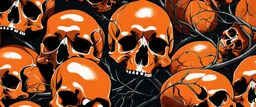 view of dozens of human skulls, painted orange, growing off of a vine orange skulls isolated background futuristic design, futuristic, elegant atmosphere, glowing lights, highly detailed, digital painting, artstaion, concept art, smooth sharp focus, illustration, art by wlop, hr Geiger, mars ravelo, greg rutkowski, TIGHT repeated pattern