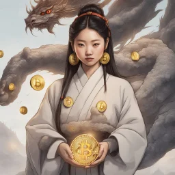 Bitcoin cryptocurrency in the hands of a traditional chinese girl, dragon