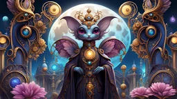 step into a colorful world of deco art charm, where fluffy alien creatures roam freely, large eyes wearing baroque clothes, with intricate art nouveau steampunk details, these fantastical creatures are a sight to behold, moon landscape magical flowers, 8k resolution concept art, dynamic lighting, intricately detailed, trending on Artstation, deep color, sharp focus, beautiful, futuristic