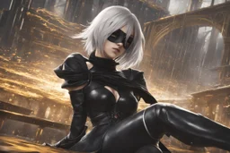 Hot 2B with blindfold eye in 8k nier automata artstyle, blind them, 2B Custom, blindfold, close picture, rain, fantasy world, intricate details, highly detailed, high details, detailed portrait, masterpiece,ultra detailed, ultra quality