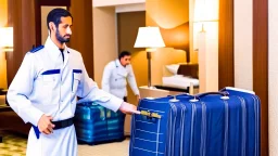 hotel employee looking suspicious stealing someone's baggage