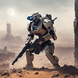 Scifi robotic sniper, kneeing on the top of a ruined building, in the dust