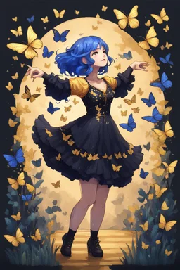 Girl with blue hair in black and gold dress dancing with butterflies, stardew, valley style