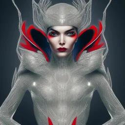 This spider woman is a formidable sight to behold, with the body of a human woman and the head and legs of a spider. She is dressed in a sleek black and red leather suit, with a hood that covers her spider head. Her skin is covered in shimmering black scales, and her eyes glow a bright, otherworldly green. She is fast and agile, able to climb walls and ceilings with ease. She has venomous fangs and sharp claws, and she can spin webs of magical energy to ensnare her enemies. She is intelligent an