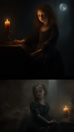 , beautiful and highly detailed , meticulously detailed dark sky, strange witch; ethereal fantasy hyperdetailed mist, maximalist matte painting, polished, realistic oil painting; a portrait of young girl , a candle , a sleeping dog , painting, old fashioned, vintage, antique, beautiful, bleak environment, gothic, spooky, eldritch, 16k