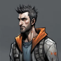 man,, looking serious, comic book, post-apocalypse, grey background