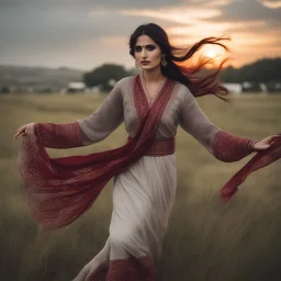 Photographic Long Shot View, Pakistani, Pashto, Cultural, Sad Woman, Beautiful, Beautiful Cloudy Sunset, Wearing Traditional Grey Dress Maroon Embroidery & White Dupatta, Black Hair Whirling, Subtle Sad Expressions, Beautiful Eyes, Long Grass Waving From Air, Stressing Vibes, Cinematic & Dramatic Ambiance.