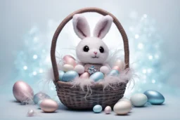 cute chibi plushy fluffy knitted and embroidered natural colored easter bunny in basket, feathers, easter eggs, iridescent flowers incorporated, light emitting, cracked bioluminescent holographic marble background, silver foil, sparkling diamonds, holographic raw pearls, ethereal, cinematic postprocessing