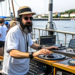 A short brown beard DJ with a hat on his head, sing at microphone, many electronic consoles around,boat at middle river, FRONT VIEW