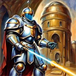 fantasy 90's tcg art of a sci fi paladin witha dome helmet and knight armor with big pauldrons holding a light staff oil