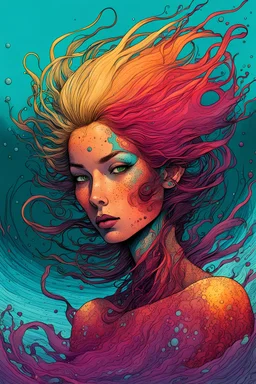 illustration of a freckle faced shape shifting siren anti heroine in the style of Alex Pardee and Jean Giraud Moebius, highly detailed, boldly inked, with soft underwater colors