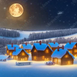 tiny fantasy farming village at night with wooden buildings in winter moonlight