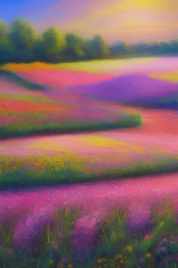 Hi def realistic oil painting Hudson Valley late afternoon floral field of spring flowers pastel colors no sky evergreen tree lined