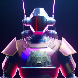 A portrait of a crystalised robot samurai with yakuza tatu, atmospheric, realistic, unreal engine cosmic galactic, cinematic lighting, octane render, transparent,bleu pink light, Horse tail, cristal goutte rose sur le front