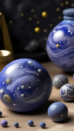 A grayish purple galaxy with planets and asteroids designed in African pottery painted by Guo Xi
