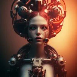 a girl with a cyborg brain and a lot of red liquid, steam punk, scary, horror, realistic, made in octane, cinematic, ultra-realistic, extremely detailed octane rendering, 8K, VRAY Super Real ar 2:3, dof photorealistic futuristic 50mm lens hard lighting dark gray tintype photograph, realistic lighting, sephia colors