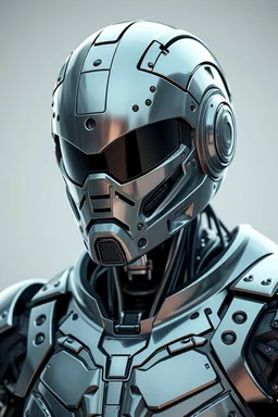 Create a whole body image of a future advanced robot character with on an advanced robotic and mechanical biker . The head is entirely covered in shiny metal armor, and the face must remain in that position.