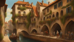 medieval buildings with balconies overhanging a canal, blue sky and people, photorealism, trees, foliage, piers, fantastical, intricate detail, concept art, people ultra sharp image, sharp focus, hyperrealism