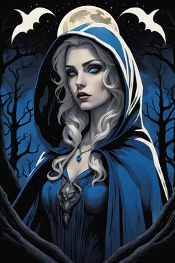 Very realistic dark and whimsical illustration, She has large, captivating eyes with bright blue irises and her face is framed by wavy blond hair. She wears a bright blue hooded cloak, under which bats are seen flying. The background is a haunting forest with tall, silhouetted trees, and a white moon casting its glow. he atmosphere is mysterious with elements of gothic fantasy with wolf in the background, by artgerm and rutkowski ,8k, UHD, magic fantasy,