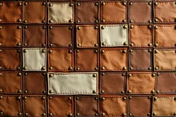 leather background covered with a grid of many rectangular weathered and faded canvas patches that are each stitched (brown) and nailed (brass) around the edges