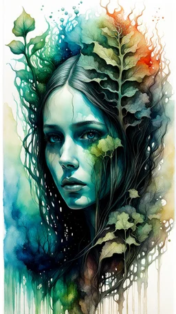 Zdzislaw Beksinski, and Peter Gric style ink wash and watercolors , full body illustration of a beautiful young girl , with big open eyes highly detailed facial features, mixed to anatomical portrait front view, visible plant like skeletal structure, wildly flowing splash colours , 8k octane, all in focus, clean , no grain, ethereal, otherworldly concept art in vibrant natural colors , do not include her face , it should be clean , make the neck shorter and remove the paint on her face