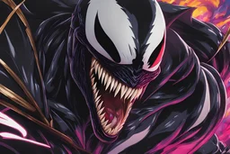 Venom in 8k Hayao Miyazaki draw style, yu gi oh them, neon effect, close picture, highly detailed, high details, detailed portrait, masterpiece,ultra detailed, ultra quality