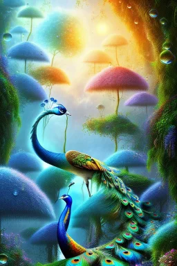 beautiful peacock, jungle, mystical, dreamlike, Neo-Impressionism, fine detail, high quality, raining, rain droplets,