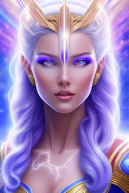 cosmic young woman from the future, one fine whole face, large cosmic forehead, crystalline skin, expressive blue eyes, blue hair, smiling lips, very nice smile, costume pleiadian,rainbow ufo Beautiful tall pleiadian Galactic commander, ship, perfect datailed golden galactic suit, high rank, long purple hair, hand whit five perfect detailed finger, amazing big green eyes, smilling mouth, high drfinition lips, cosmic happiness, bright colors, blue, pink, gold, jewels, realistic, real