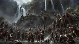 a pile of rotting zombies at the foot of a 3.000 feet high waterfall. fantasy setting, horror. exquisite realism, a masterpiece, fantasy concept art, dynamic lighting, hyperdetailed, intricately detailed, deep color, Unreal Engine, volumetric lighting, Epic cinematic brilliant stunning intricate meticulously detailed dramatic atmospheric maximalist digital matte painting