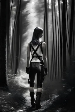 professionally black and white graded photograph of attractive skinny girl Czech 30 years latex body harnesses, standing in dark forest, back to nature telephoto shot, depth of field, RAW, nikon d850, hard focus