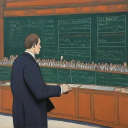 a naive painting of the stock exchange trader in front of the blackboard displaying prices: he underlines the fixing with chalk, thick lines, large areas of flat color, la ligne claire by Kupka