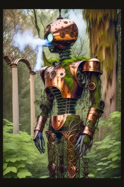 COPILOT PROMPT A majestic, eight-foot-tall automaton, constructed from polished copper and oiled wood, stands in a desolate, overgrown garden. Vines and moss cling to its metallic limbs, and a single, glowing glass eye seems to observe the world with quiet contemplation. A small puff of steam escapes from a valve on its chest, giving the only sign of life. The background is the rusted, decaying façade of a grand Victorian manor, half-swallowed by the wilderness. The scene should be lit with a s