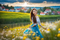 Young woman in flower field in country side ,river, houses,blue sky ,nice clouds,god rays