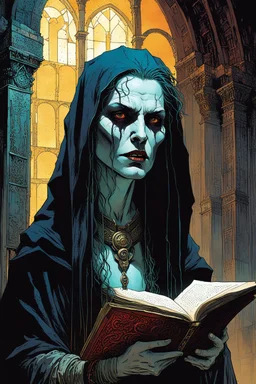 create an ancient Bruxa vampire woman, studying an arcane manuscript in a ruined Medieval scriptorium , in the graphic novel style of Bill Sienkiewicz and Jean Giraud Moebius, highly detailed facial features, grainy, gritty textures, foreboding, otherworldly and ethereal