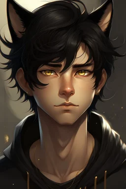 A young male with messy black hair, gold eyes, black cat ears, realistic