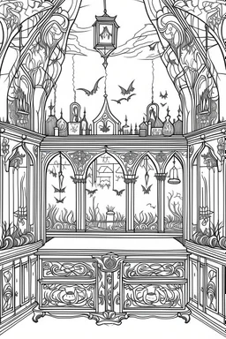 A vampire's lair with coffins, candles, and bats hanging from the ceiling.. Outline, sketch style, only use outline, mandala style, clean line art, white background, no shadows, no clear wall, coloring page.