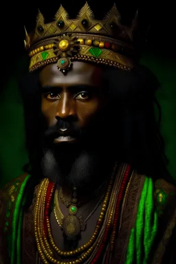 3/4 full colour portrait of a 35-year old habesha man with dreaded black hair, Golden bejeweled crown, hazel eyes, and a long black twisted beard, wearing royal kente cloth ; high fantasy setting; looks royal