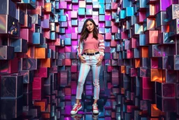beautiful lady with todays modern clothing and sport shoes, in surreal stage made of fractal random size objects with helical strip colors in clothing similar to environment full body posing to camera,animating background metallic random color cubes