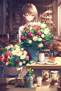 bouquet of flowers in vase and a cup of coffee on table