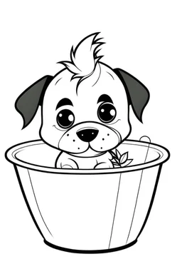 a simple outline of a cute dog in a pot, in a drawing style, black and white.