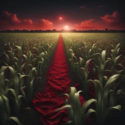 Hyper Realistic Corn Field With Red Cloth Flying at night