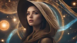 Star-crossed destiny: Is she drawn to certain people or places by the alignment of the stars?, incredibly beautiful Ukrainian girl, attractive average athletic body feminism, a cosmic manifestation, UHD, 8k resolution, high quality image, photo realistic, surreal, 250 megapixels high image quality, kindness feelings.