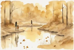 young brunette woman and boy friends walking next to a pond in an autumn forest watercolor and ink in ochre, golden glitters